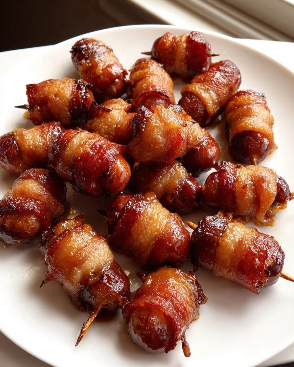 Delicious 3-ingredient bacon-wrapped smokies appetizer on a platter