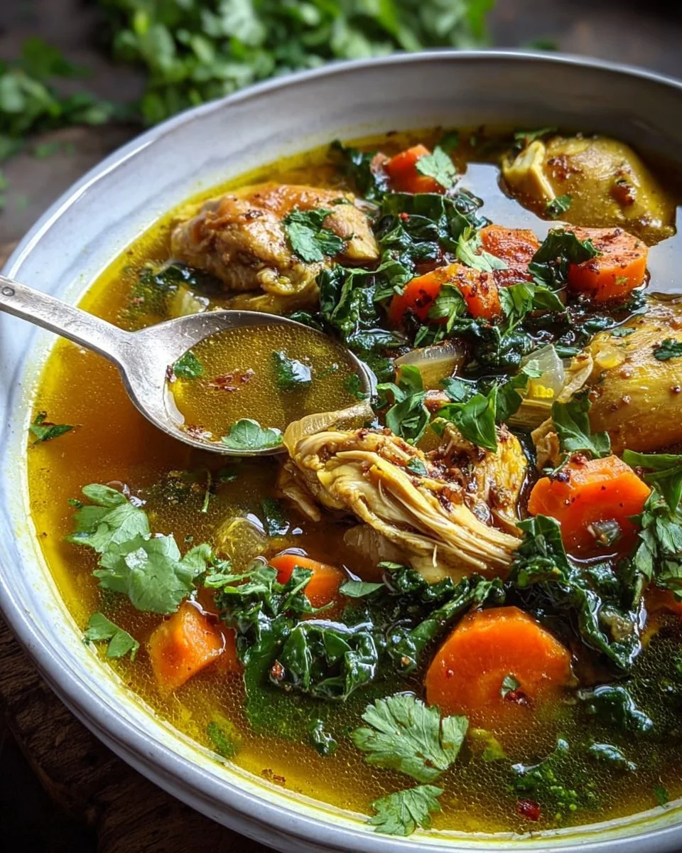 A bowl of anti-inflammatory turmeric chicken soup garnished with herbs.