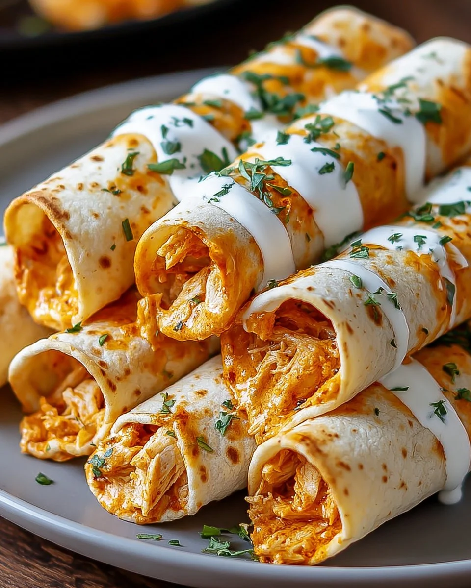 Crispy Baked Buffalo Chicken Taquitos on a serving platter