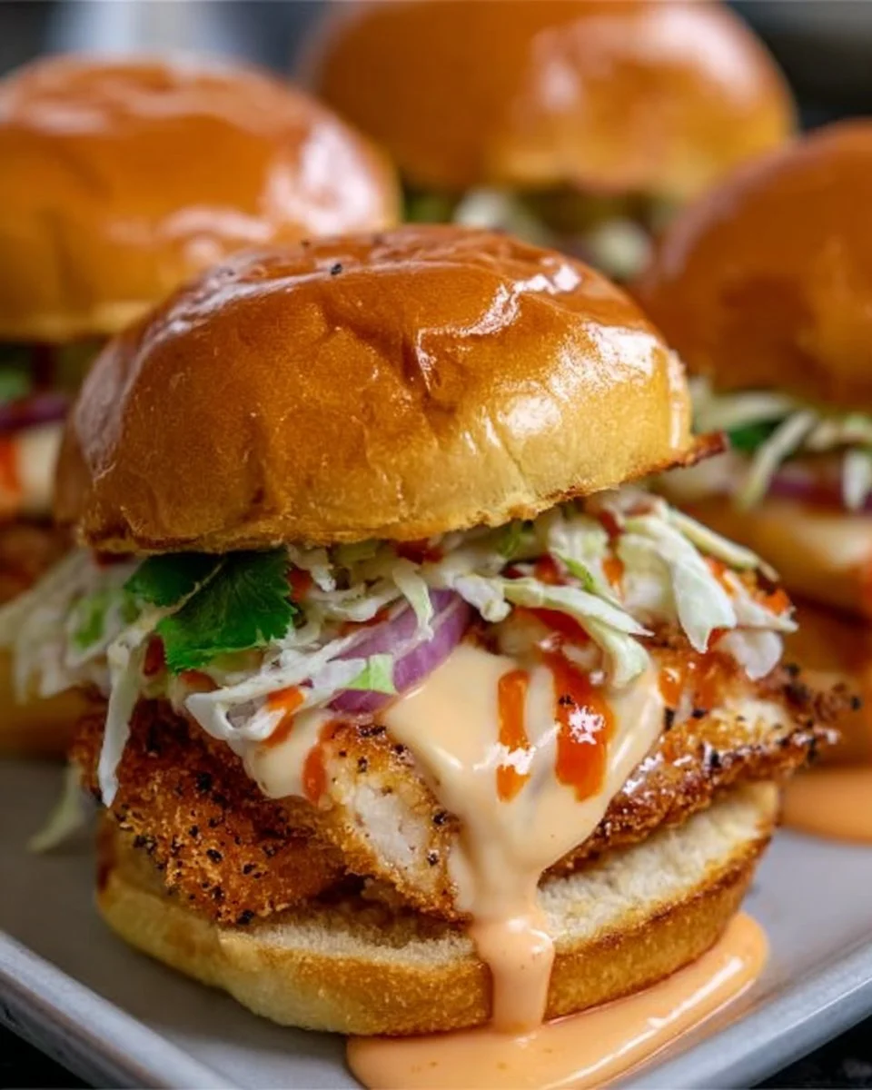 Delicious Bang Bang Chicken Sliders garnished with fresh ingredients.