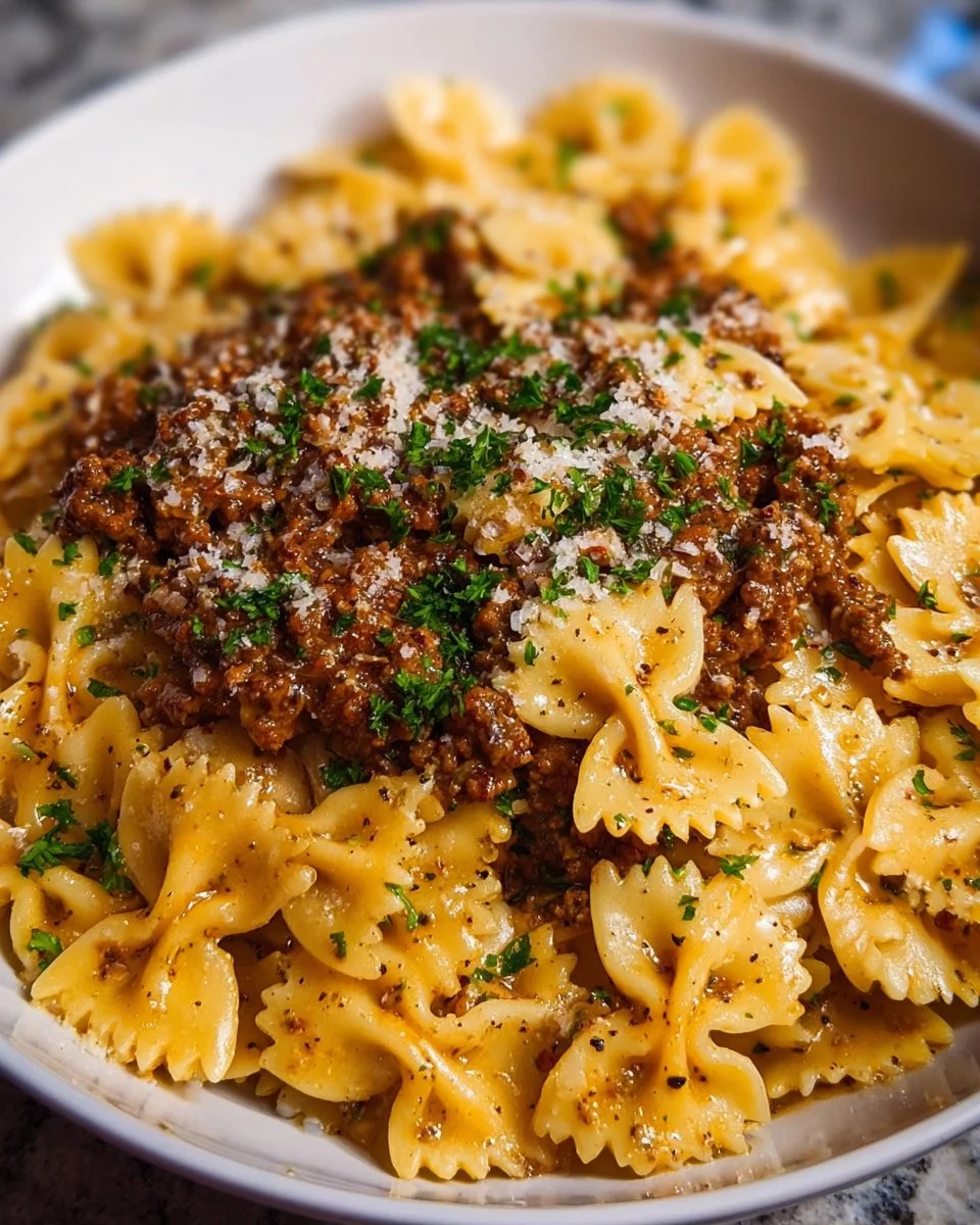 Cheesy Bowtie Pasta with Savory Cajun Ground Beef in Garlic Cream