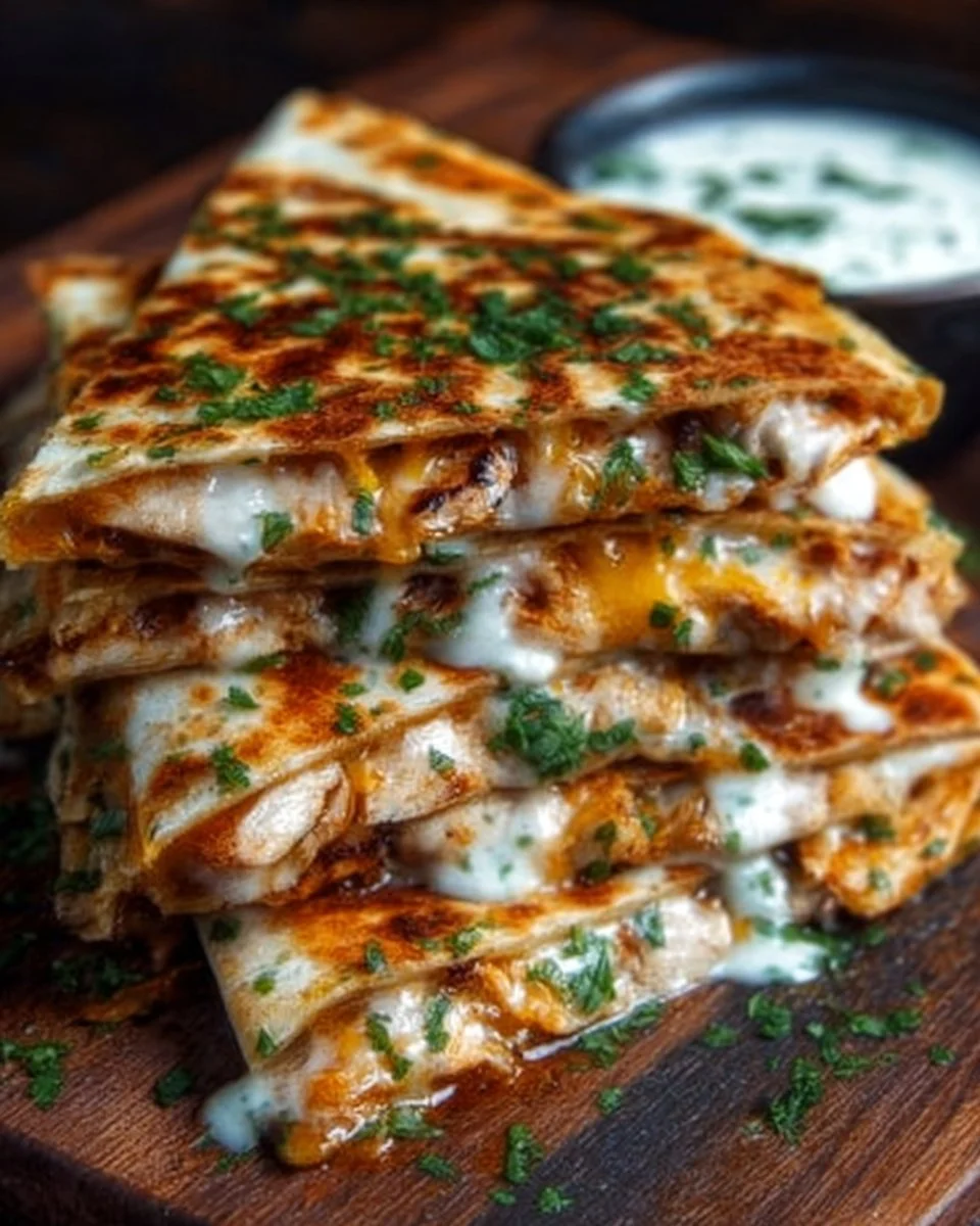 Cheesy hot honey chicken quesadillas served with dipping sauce