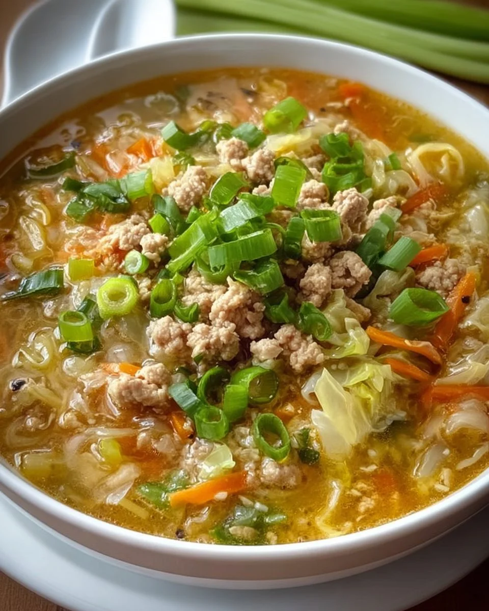 Cozy one-pot egg roll soup with green onions and ginger in a bowl