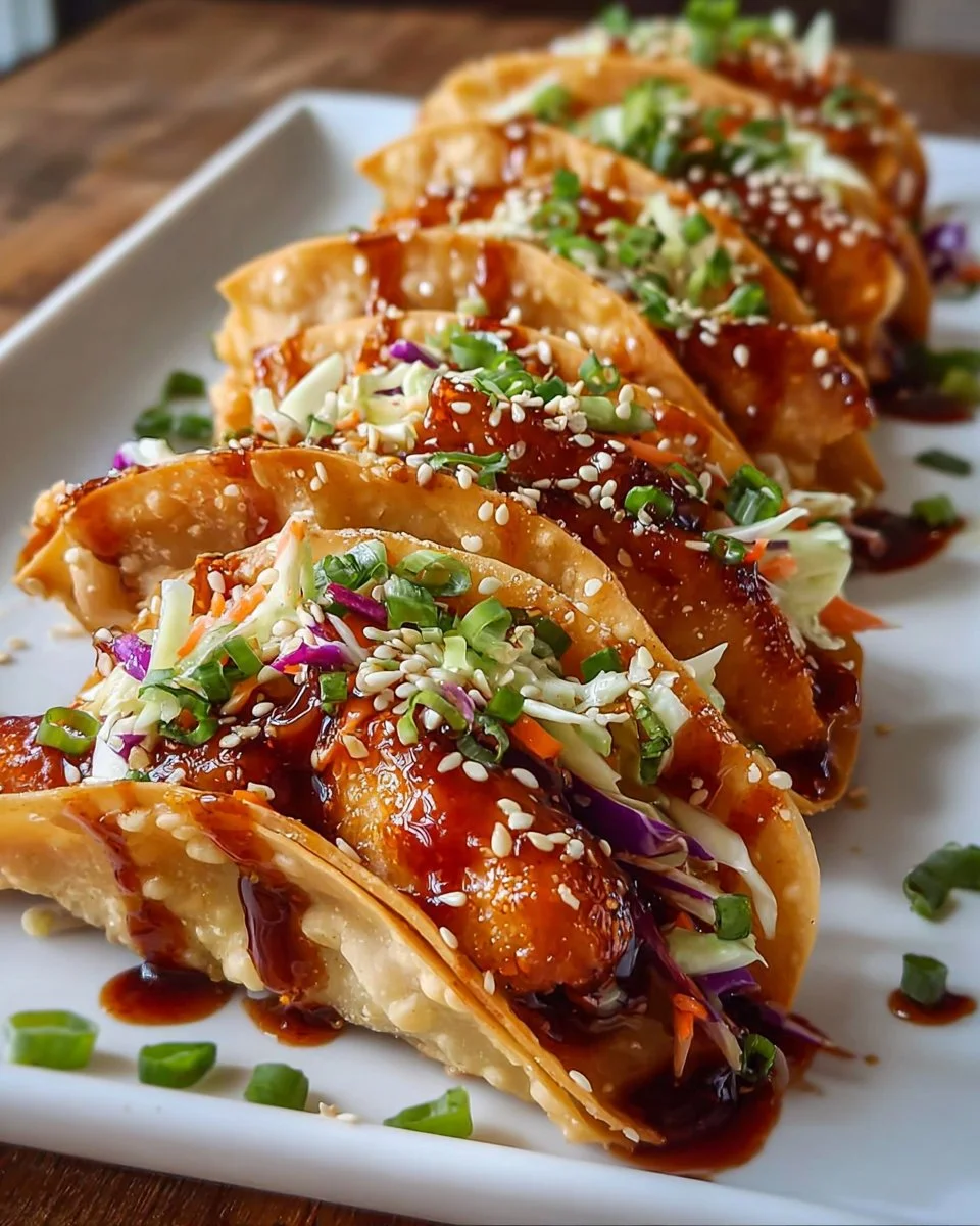 Delicious crispy chicken wonton tacos on a plate with fresh toppings