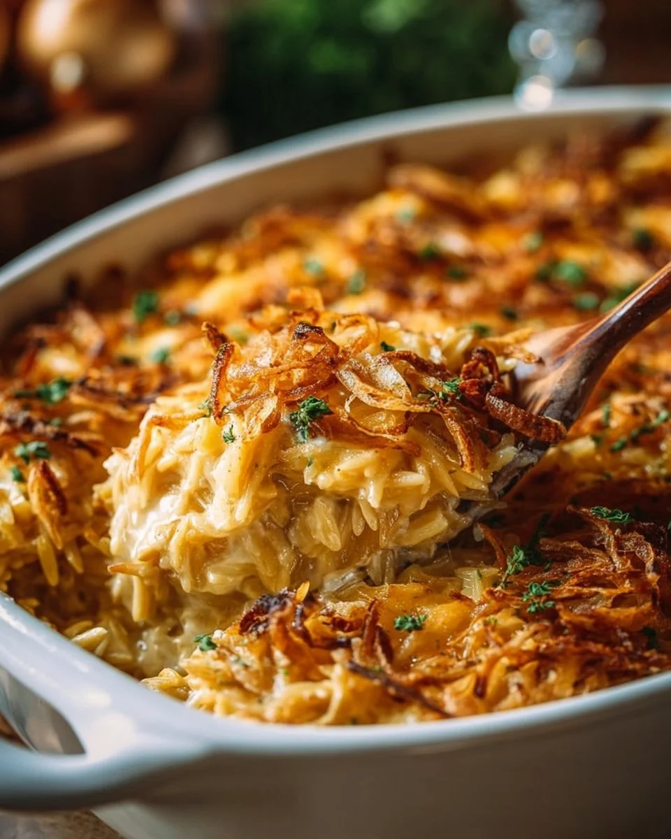 French Onion Chicken Orzo Casserole