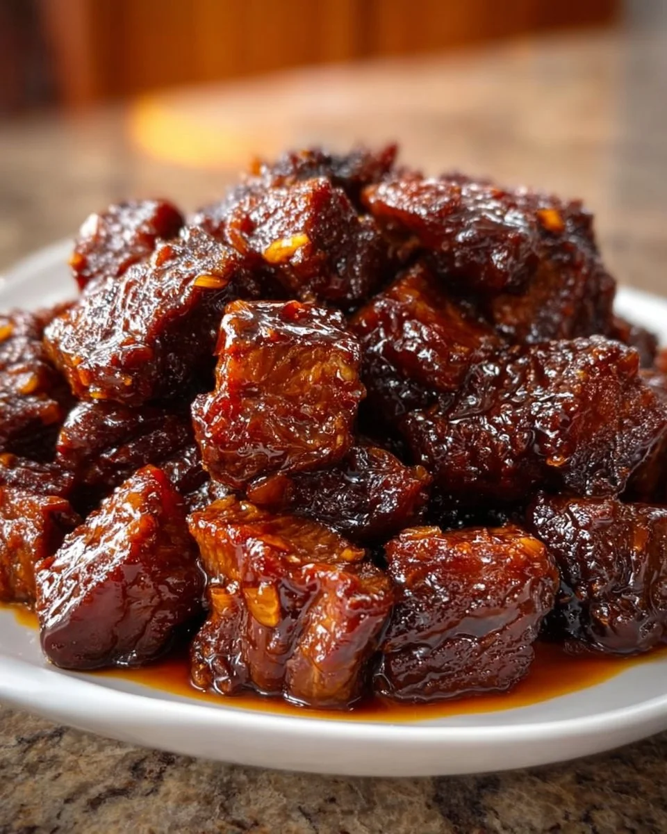 Delicious glazed sticky beef bites served on a platter