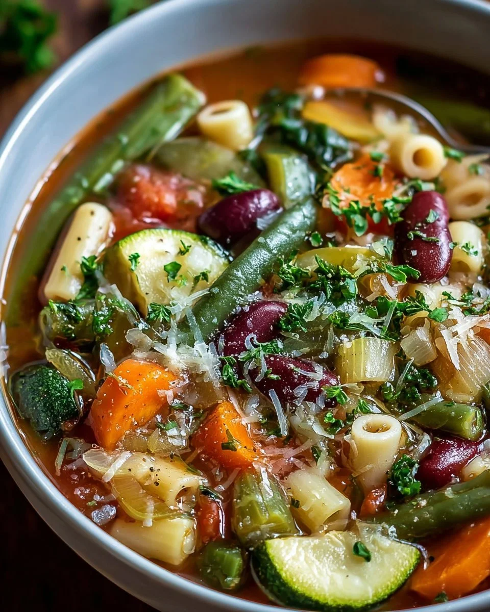 Bowl of hearty Italian minestrone soup with fresh vegetables and herbs