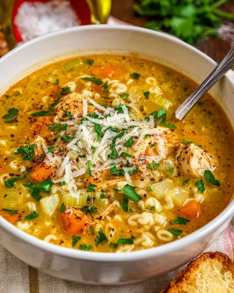 A bowl of Italian Penicillin Soup with fresh herbs and vegetables