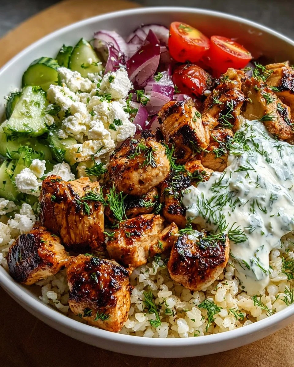 Light Greek Chicken Souvlaki Bowl with fresh vegetables and tzatziki sauce