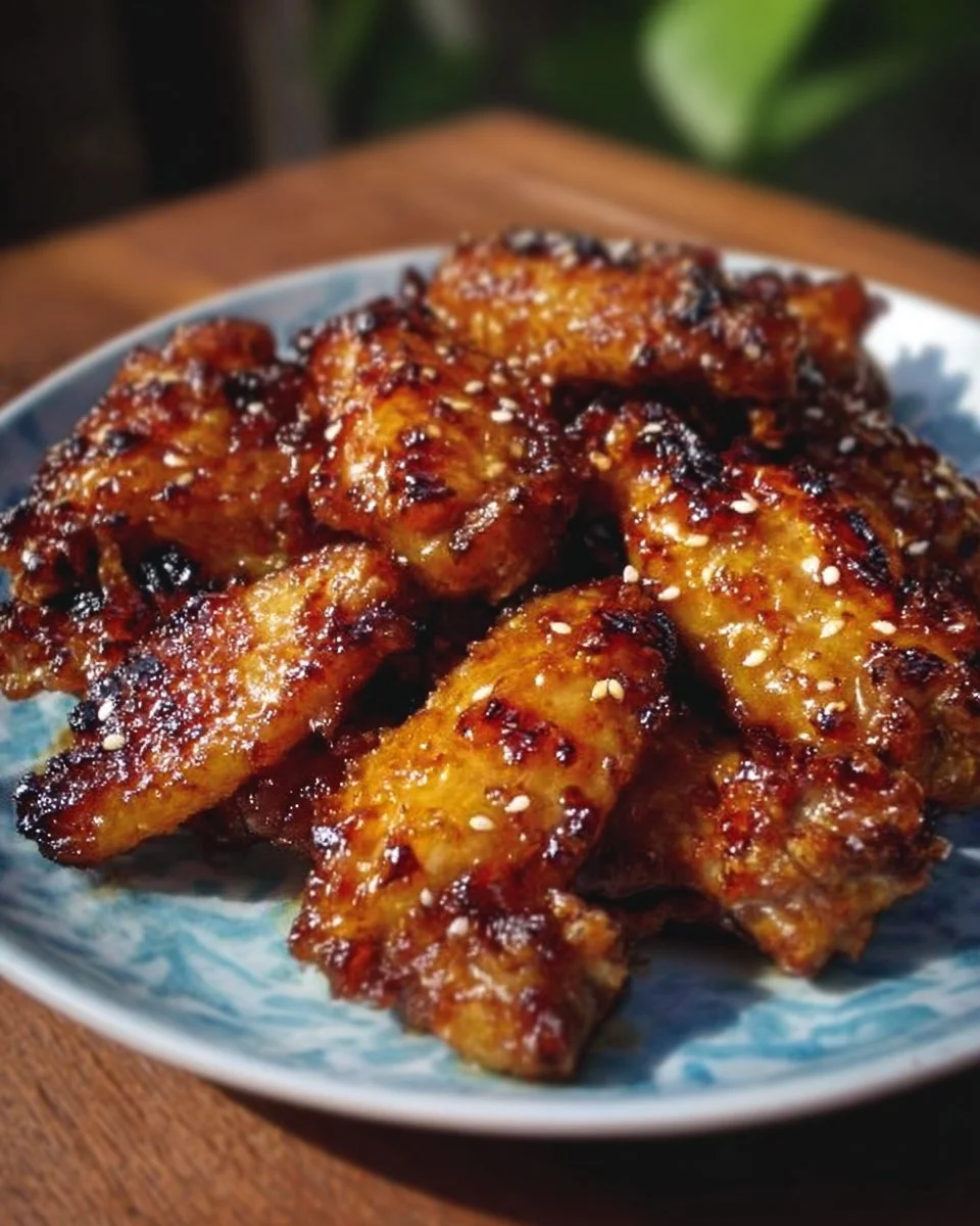 Pineapple-Teriyaki Chicken Wings garnished with sesame seeds and green onions