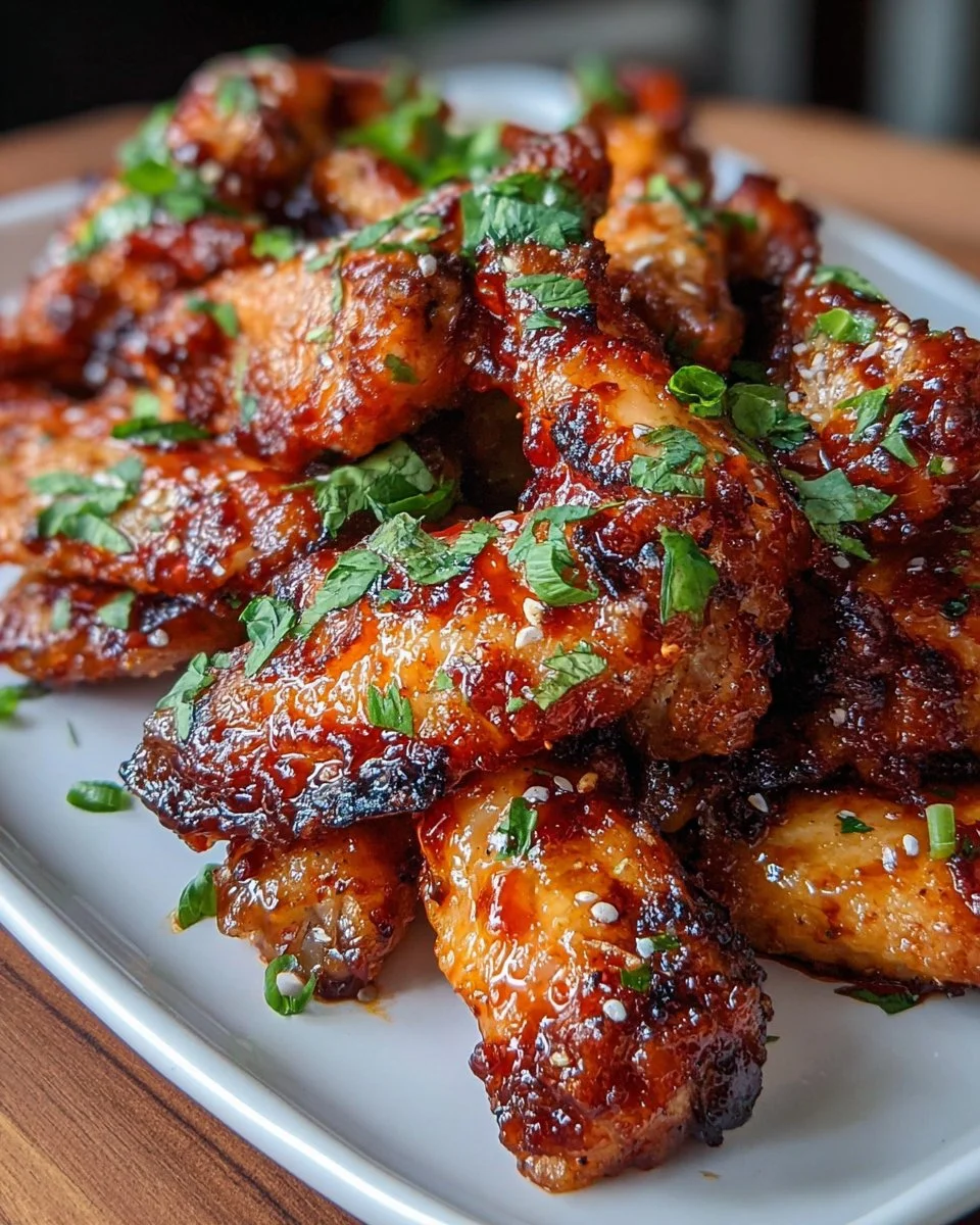 Plate of Salted Honey Sriracha Wings garnished with herbs