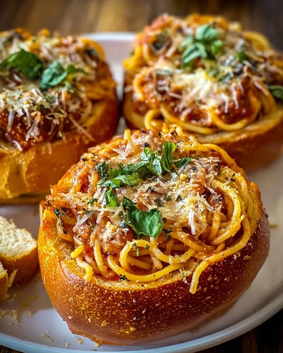Spaghetti Garlic Bread Bowl filled with savory pasta and crispy garlic bread