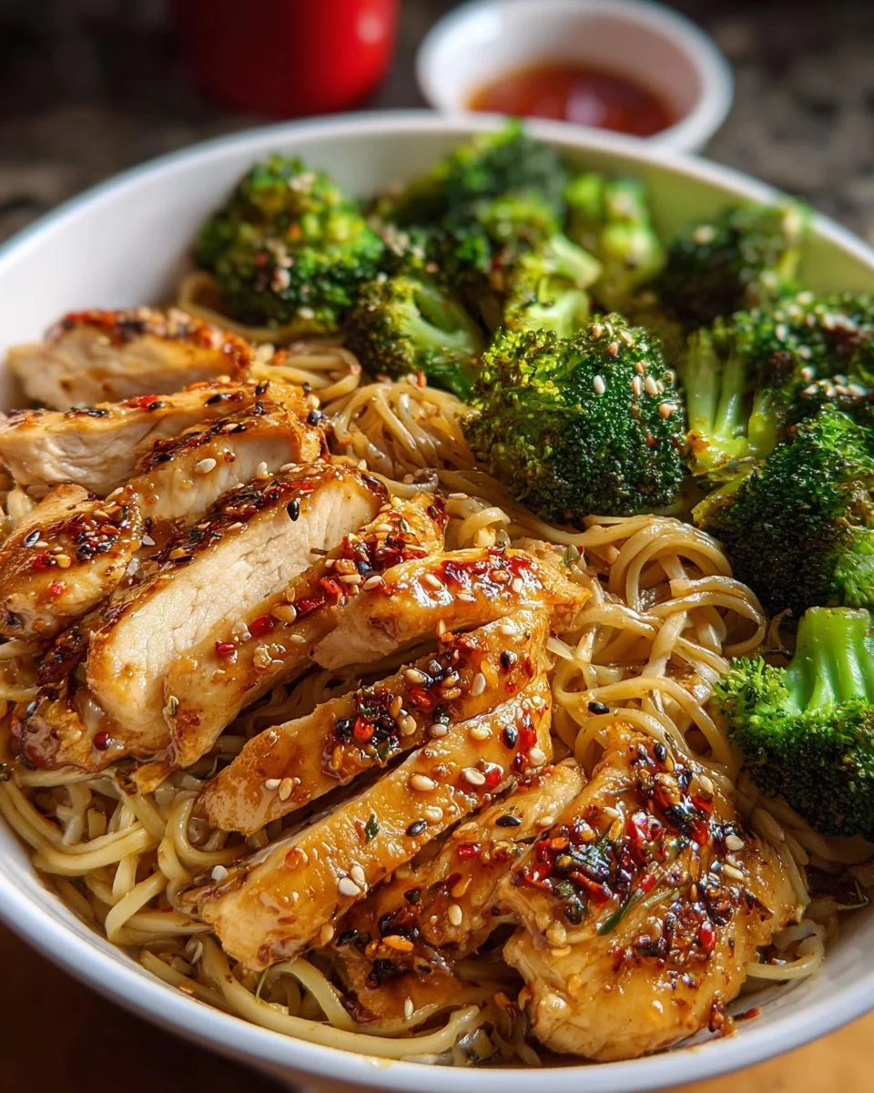 Spicy Garlic Chicken and Broccoli Noodle Bowls Delight You!