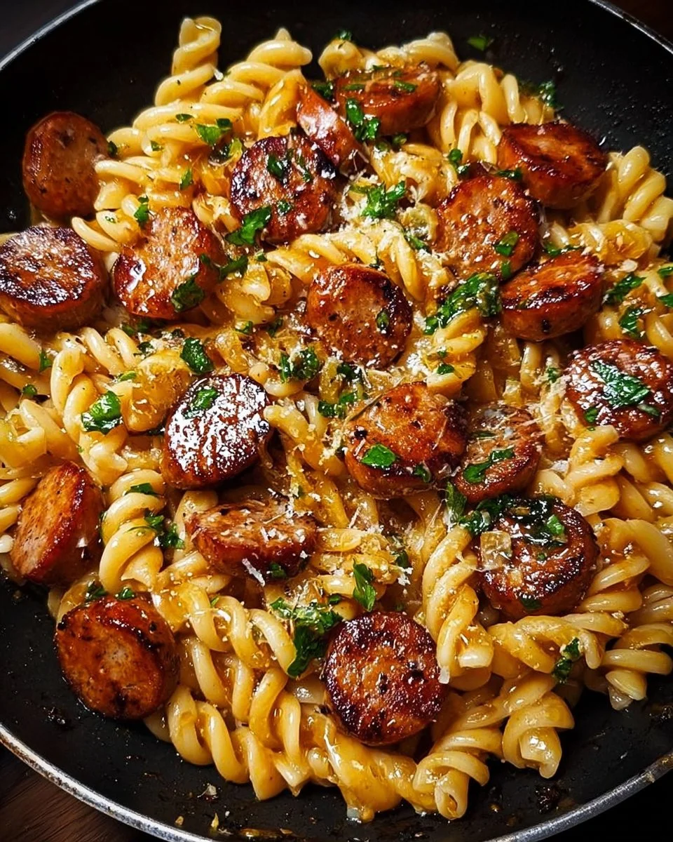 Sticky Honey Garlic Sausage Pasta Skillet
