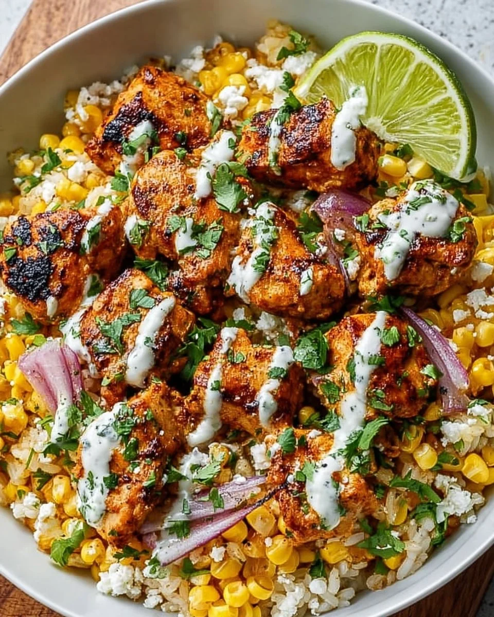Delicious Street Corn Chicken Rice Bowl with grilled chicken and fresh toppings