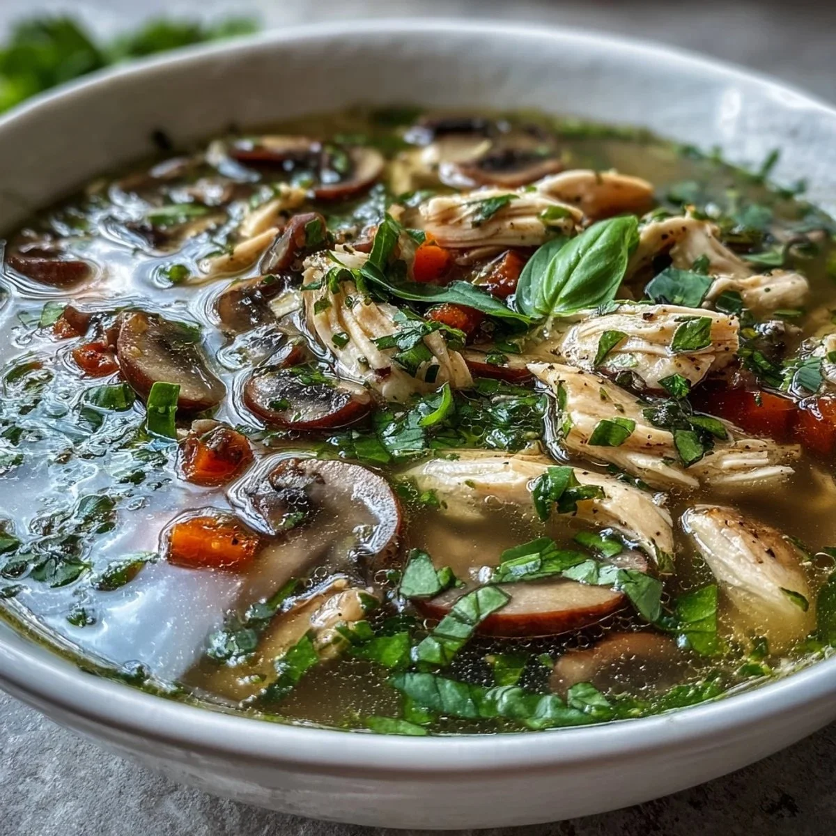 Bowl of flavorful Tom Yum Soup with shrimp, mushrooms, and aromatic herbs