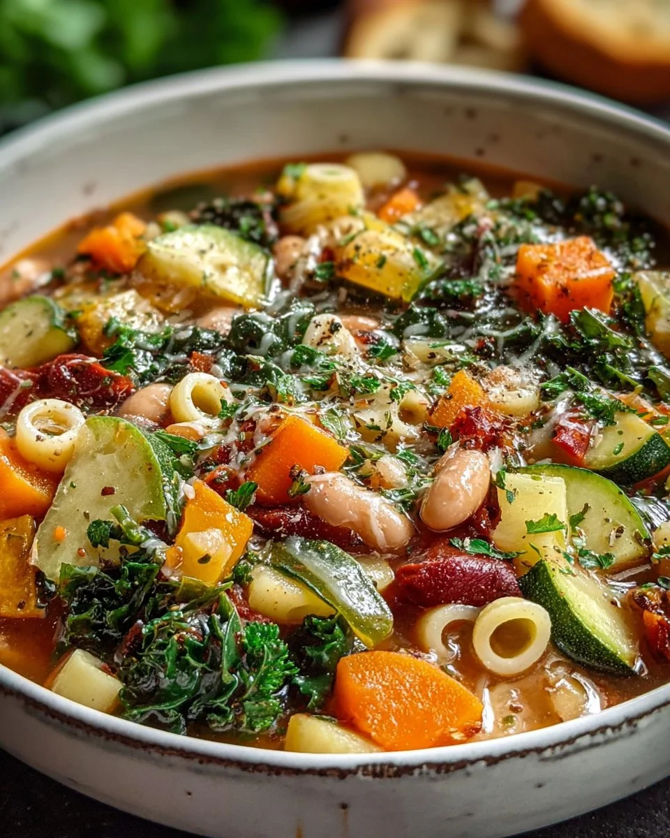 A bowl of hearty Winter Minestrone Soup filled with vegetables and beans
