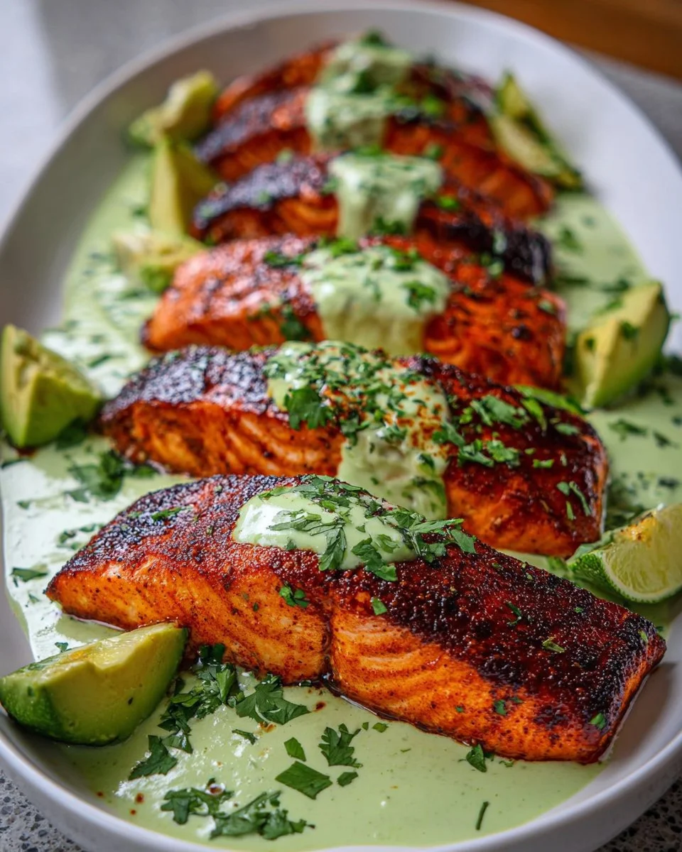Baked Cajun Salmon with Creamy Avocado Lime Sauce