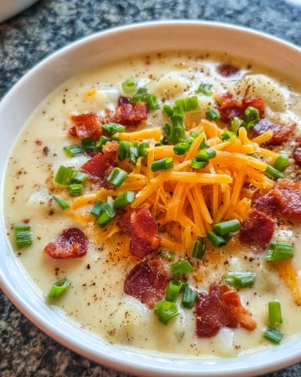 Delicious bowl of baked potato soup topped with cheese and chives