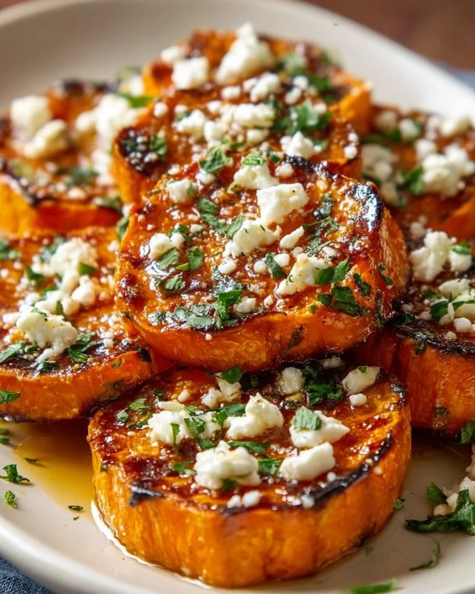 Golden sweet potato rounds topped with feta cheese and honey drizzle