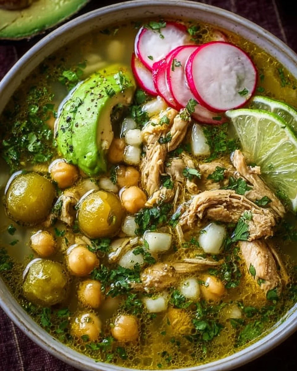 Bowl of delicious Green Pozole topped with fresh radishes and cilantro
