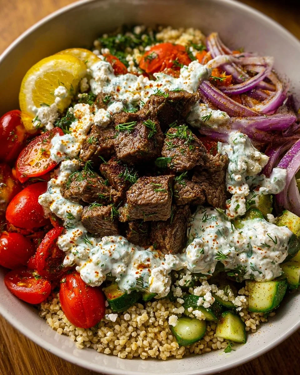 Mediterranean Beef Bowl with Herbed Yogurt Sauce