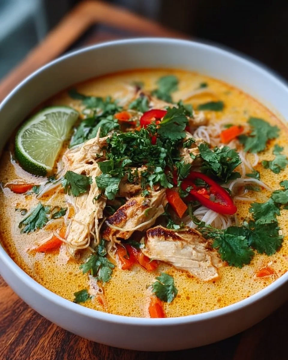 Bowl of delicious Thai Chicken Soup with herbs and spices